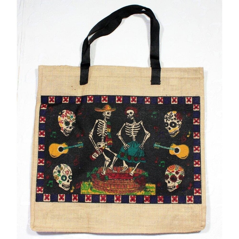 Eco-Friendly Stenciled 18" Jute Bag Tote Day of the Dead Skeleton Couple